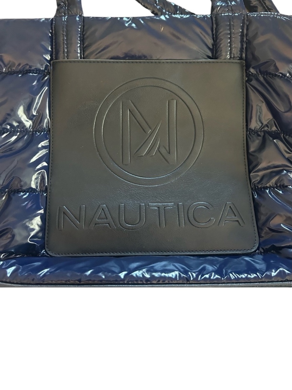 Electric Blue Quilted Puffy Shiny Nylon Logo Embellished Weekend Tote - Picture 5 of 6